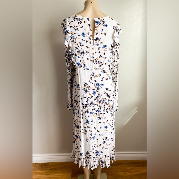 Treasure & Bond Floral Midi Ruffle Long Sleeves Dress White Blue Orange Celeb M - Picture 10 of 12